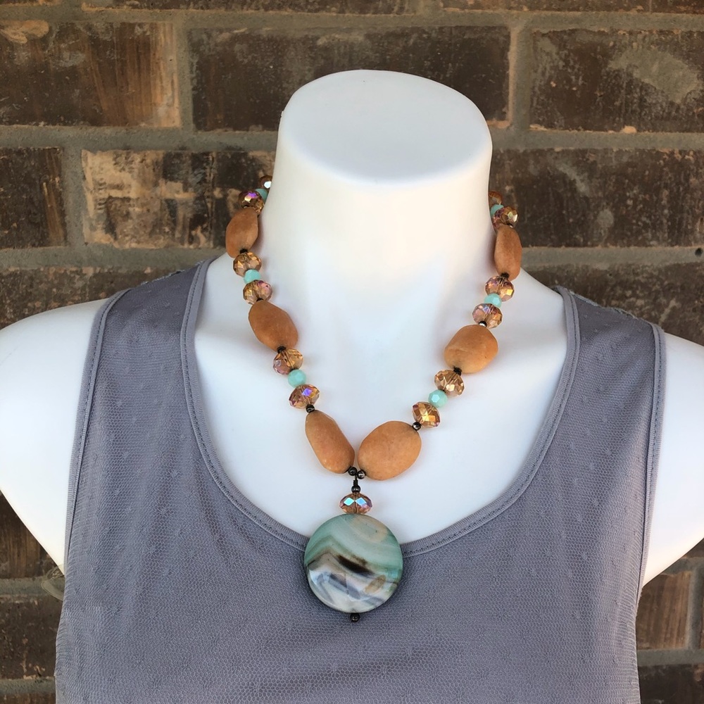 Green Agate Orange Selenite Glass Beaded Necklace